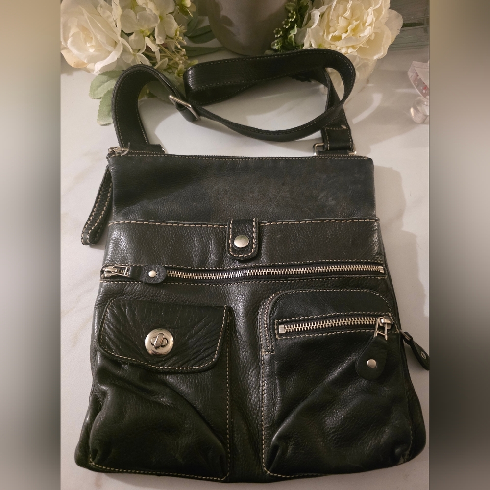 Roots Black Leather Crossbody Bag with Metal Details